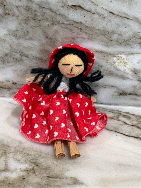 Vintage Other - Mini Doll with Red Heart Dress & Yarn Hair
